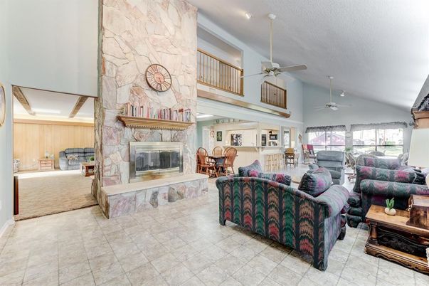 Dining room, Fireplace, Interior, Living room, Stone Walls