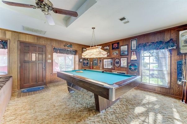 Billiard Table, Game Room, Interior, Pendant Lights, Wooden Walls