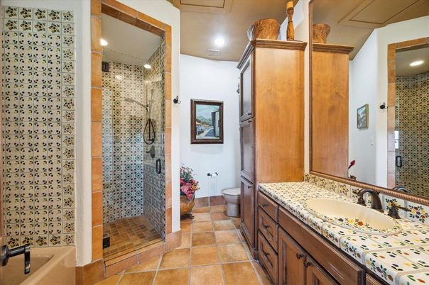 Bathroom, Glass Shower, Interior, Recessed Lighting, Tile Countertops