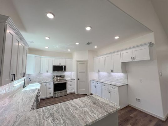 Interior, Kitchen, Recessed Lighting, Stainless Steel Appliances, Wood Texture Flooring