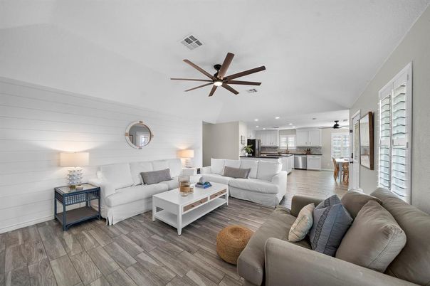 Interior, Kitchen, Living room, Recessed Lighting, Stainless Steel Appliances, Wood Texture Flooring