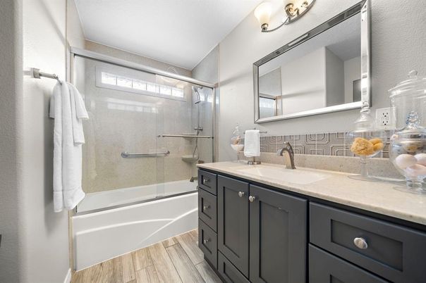 Bathroom, Glass Shower, Interior, Wood Texture Flooring