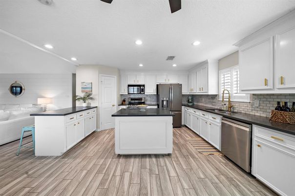 Interior, Kitchen, Recessed Lighting, Stainless Steel Appliances, Wood Texture Flooring