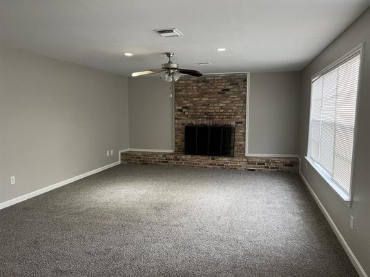 Empty room, Fireplace, Interior, Recessed Lighting, Stone Walls