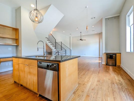 Interior, Kitchen, Pendant Lights, Recessed Lighting, Stainless Steel Appliances, Wood Texture Flooring