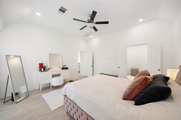 Bedroom, Interior, Recessed Lighting, Wood Texture Flooring