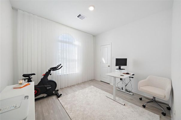 Fitness Equipment, Home Office, Interior, Recessed Lighting, Wood Texture Flooring