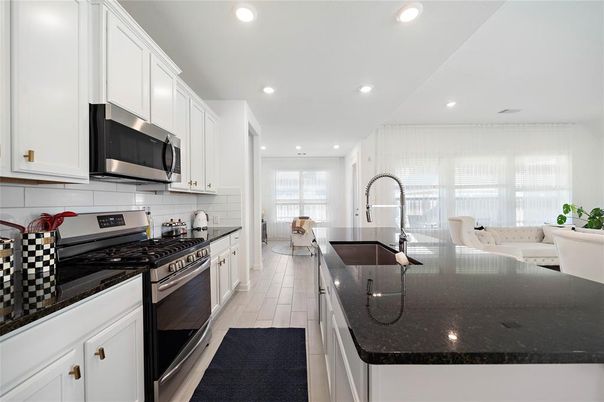 Interior, Kitchen, Living room, Recessed Lighting, Stainless Steel Appliances, Wood Texture Flooring