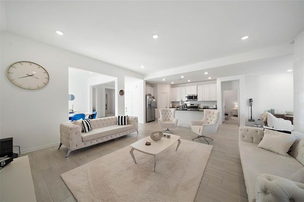 Interior, Kitchen, Living room, Recessed Lighting, Stainless Steel Appliances, Wood Texture Flooring