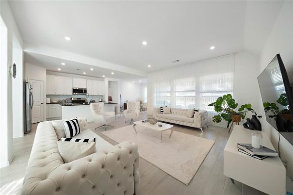 Interior, Kitchen, Living room, Recessed Lighting, Stainless Steel Appliances, Wood Texture Flooring