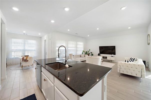 Dining room, Interior, Kitchen, Living room, Recessed Lighting, Wood Texture Flooring