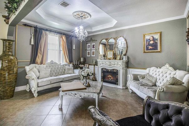 Chandelier, Fireplace, Interior, Living room