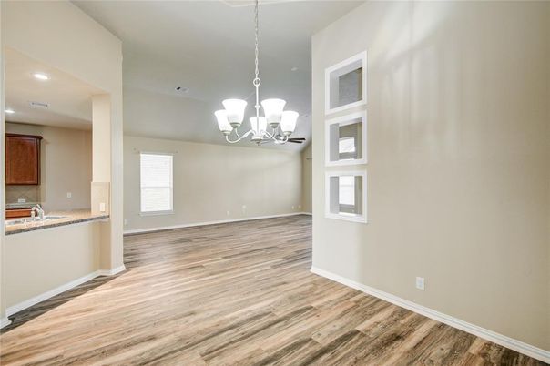 Chandelier, Empty room, Interior, Recessed Lighting, Wood Texture Flooring