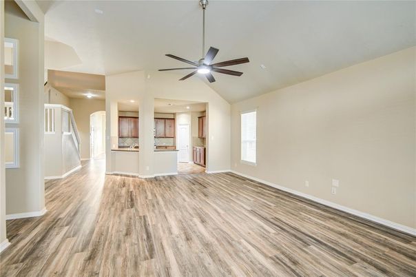 Empty room, Interior, Kitchen, Recessed Lighting, Wood Texture Flooring