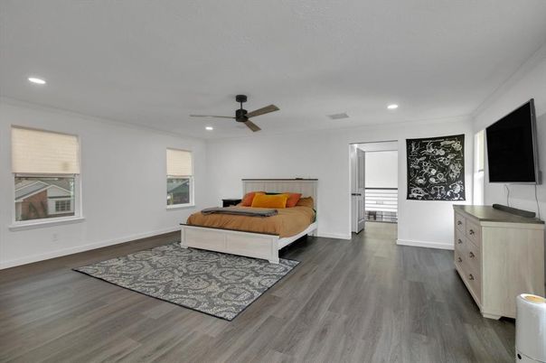 Bedroom, Interior, Recessed Lighting, Wood Texture Flooring