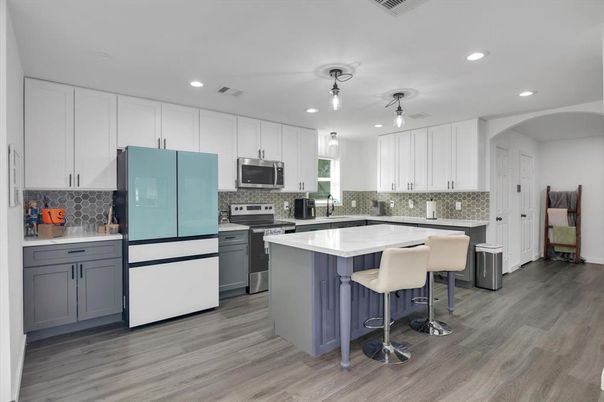 Interior, Kitchen, Recessed Lighting, Stainless Steel Appliances, Wood Texture Flooring