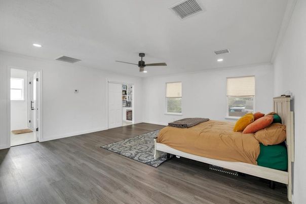 Bedroom, Interior, Recessed Lighting, Wood Texture Flooring