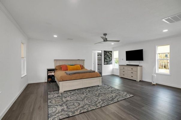 Bedroom, Interior, Recessed Lighting, Wood Texture Flooring