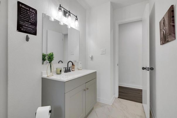 Bathroom, Dual Sink Vanities, Interior, Marble, Wood Texture Flooring