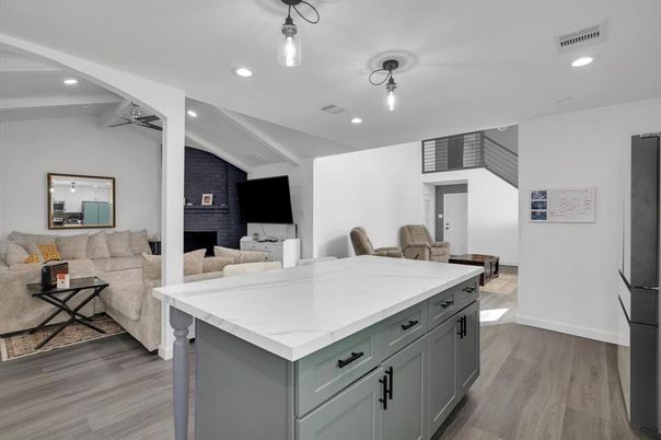 Interior, Kitchen, Living room, Recessed Lighting, Wood Texture Flooring
