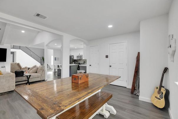 Interior, Kitchen, Living room, Recessed Lighting, Stainless Steel Appliances, Wood Texture Flooring