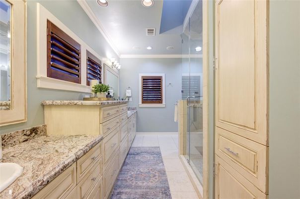 Bathroom, Dual Sink Vanities, Glass Shower, Interior, Recessed Lighting