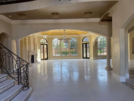 Chandelier, Fireplace, Interior