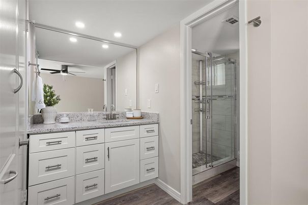 Bathroom, Glass Shower, Interior, Recessed Lighting, Wood Texture Flooring