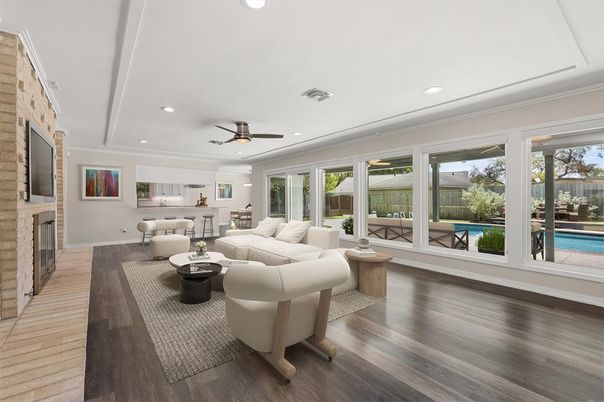 Fireplace, Interior, Living room, Recessed Lighting, Stone Walls, Wood Texture Flooring