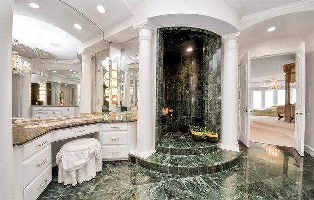 Bathroom, Chandelier, Glass Shower, Interior, Recessed Lighting
