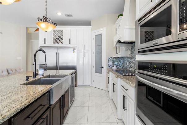 Interior, Kitchen, Marble, Pendant Lights, Recessed Lighting, Stainless Steel Appliances