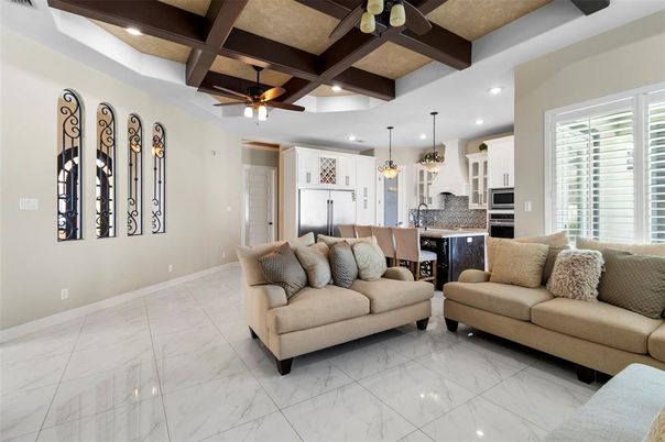 Dining room, Interior, Kitchen, Living room, Marble, Pendant Lights, Recessed Lighting, Stainless Steel Appliances, Wooden Beams