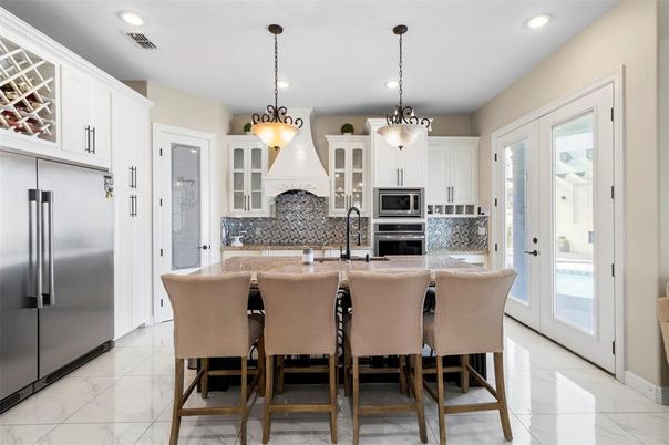 Interior, Kitchen, Marble, Pendant Lights, Recessed Lighting, Stainless Steel Appliances