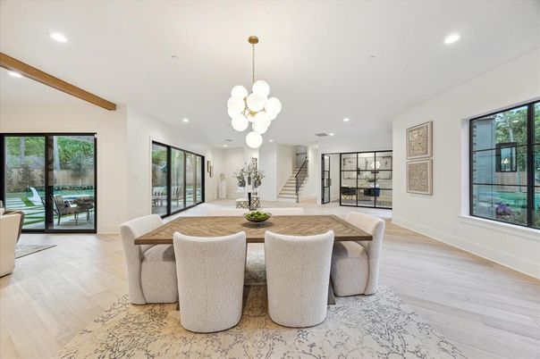 Dining room, Interior, Pendant Lights, Recessed Lighting, Wooden Beams, Wood Texture Flooring