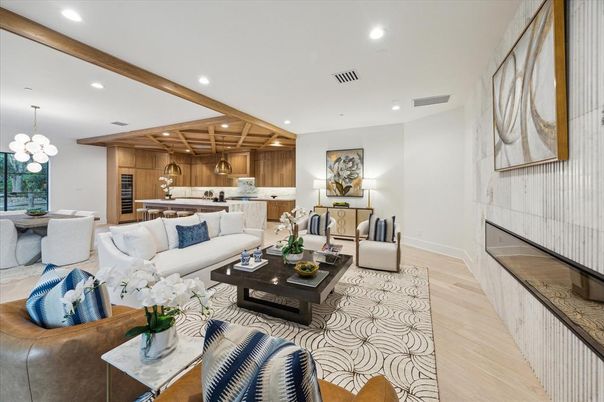Dining room, Fireplace, Interior, Kitchen, Living room, Pendant Lights, Recessed Lighting, Stainless Steel Appliances, Wood Texture Flooring