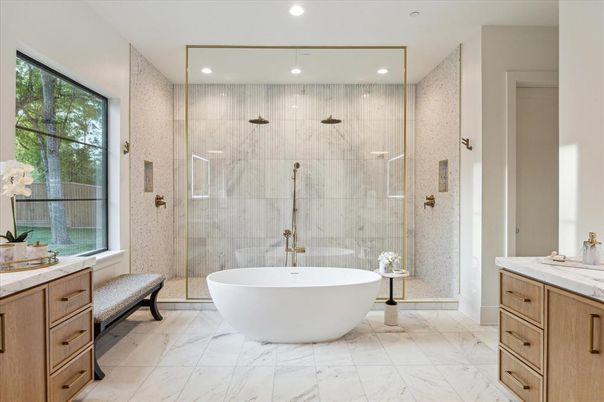 Bathroom, Free Standing Baths, Glass Shower, Interior, Marble, Marble Walls, Recessed Lighting