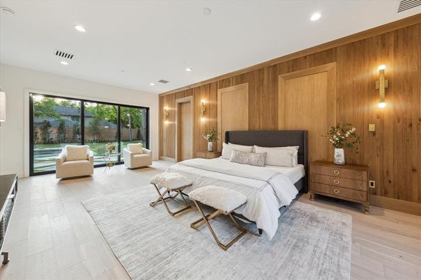 Bedroom, Interior, Recessed Lighting, Wood Texture Flooring, Wooden Walls