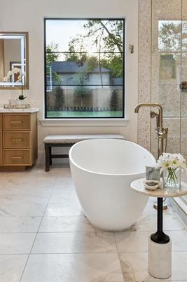 Bathroom, Free Standing Baths, Glass Shower, Interior, Marble