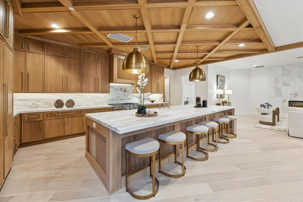 Interior, Kitchen, Pendant Lights, Recessed Lighting, Stainless Steel Appliances, Wooden Beams, Wooden Ceilings, Wood Texture Flooring