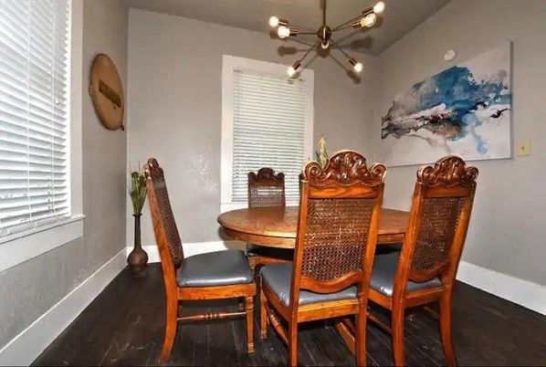 Dining room, Interior, Pendant Lights, Wood Texture Flooring