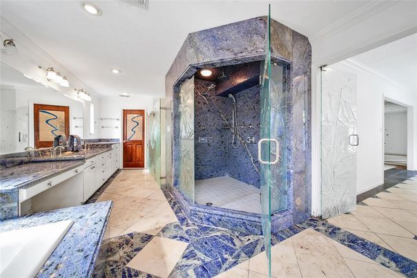 Bathroom, Dual Sink Vanities, Glass Shower, Interior, Marble Walls, Recessed Lighting