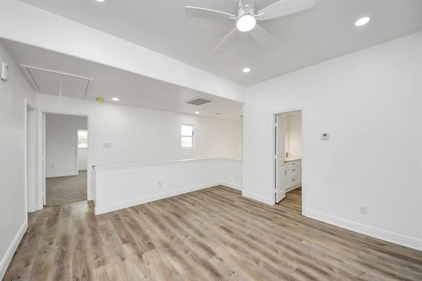 Bathroom, Empty room, Interior, Recessed Lighting, Wood Texture Flooring