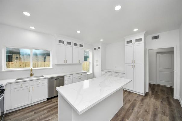 Interior, Kitchen, Recessed Lighting, Stainless Steel Appliances, Wood Texture Flooring