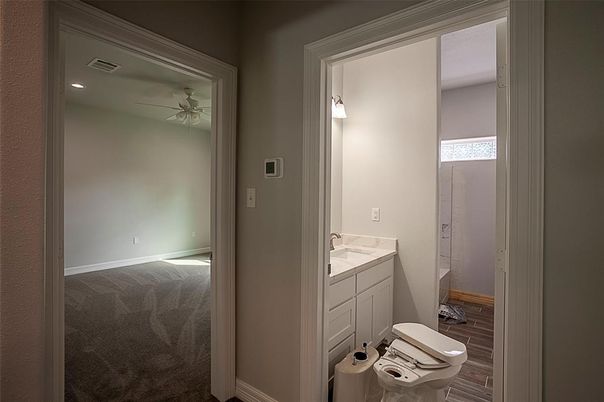 Bathroom, Interior, Recessed Lighting, Wood Texture Flooring