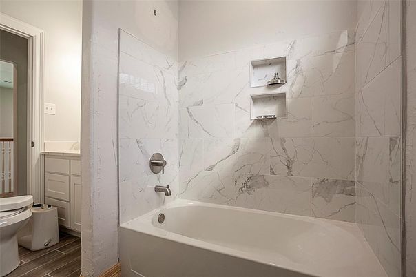Bathroom, Interior, Marble Walls, Wood Texture Flooring