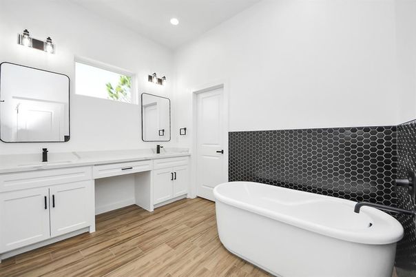 Bathroom, Dual Sink Vanities, Free Standing Baths, Interior, Recessed Lighting, Wood Texture Flooring