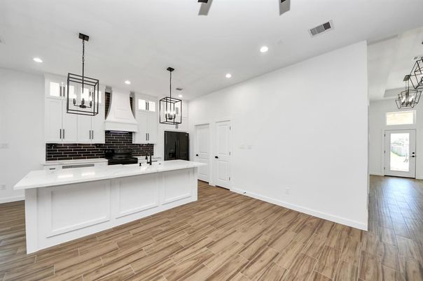 Interior, Kitchen, Pendant Lights, Recessed Lighting, Wood Texture Flooring