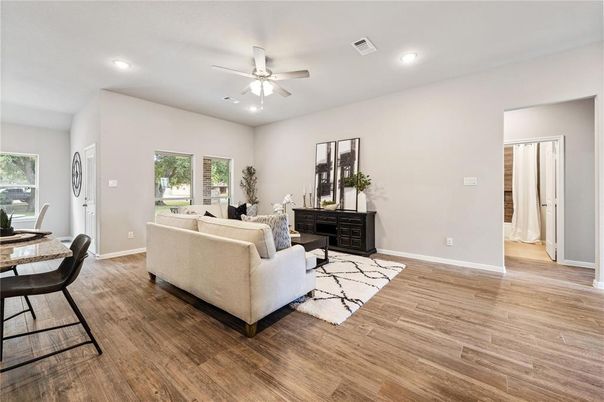 Interior, Living room, Recessed Lighting, Wood Texture Flooring