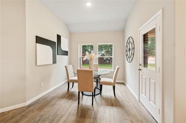 Dining room, Interior, Recessed Lighting, Wood Texture Flooring