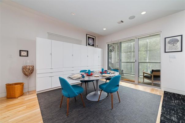 Dining room, Interior, Recessed Lighting, Wood Texture Flooring